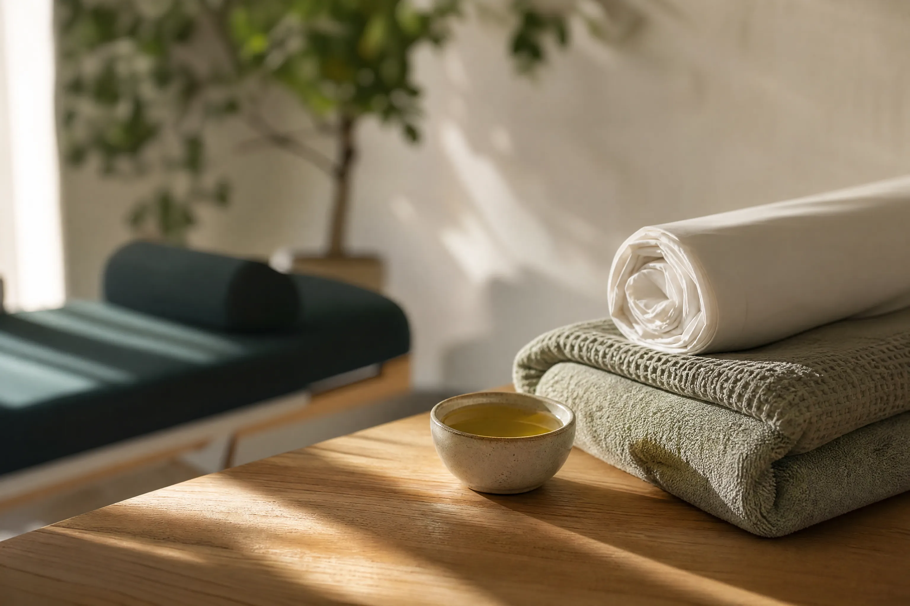 Handtücher und Massageöl auf einer Holzfläche