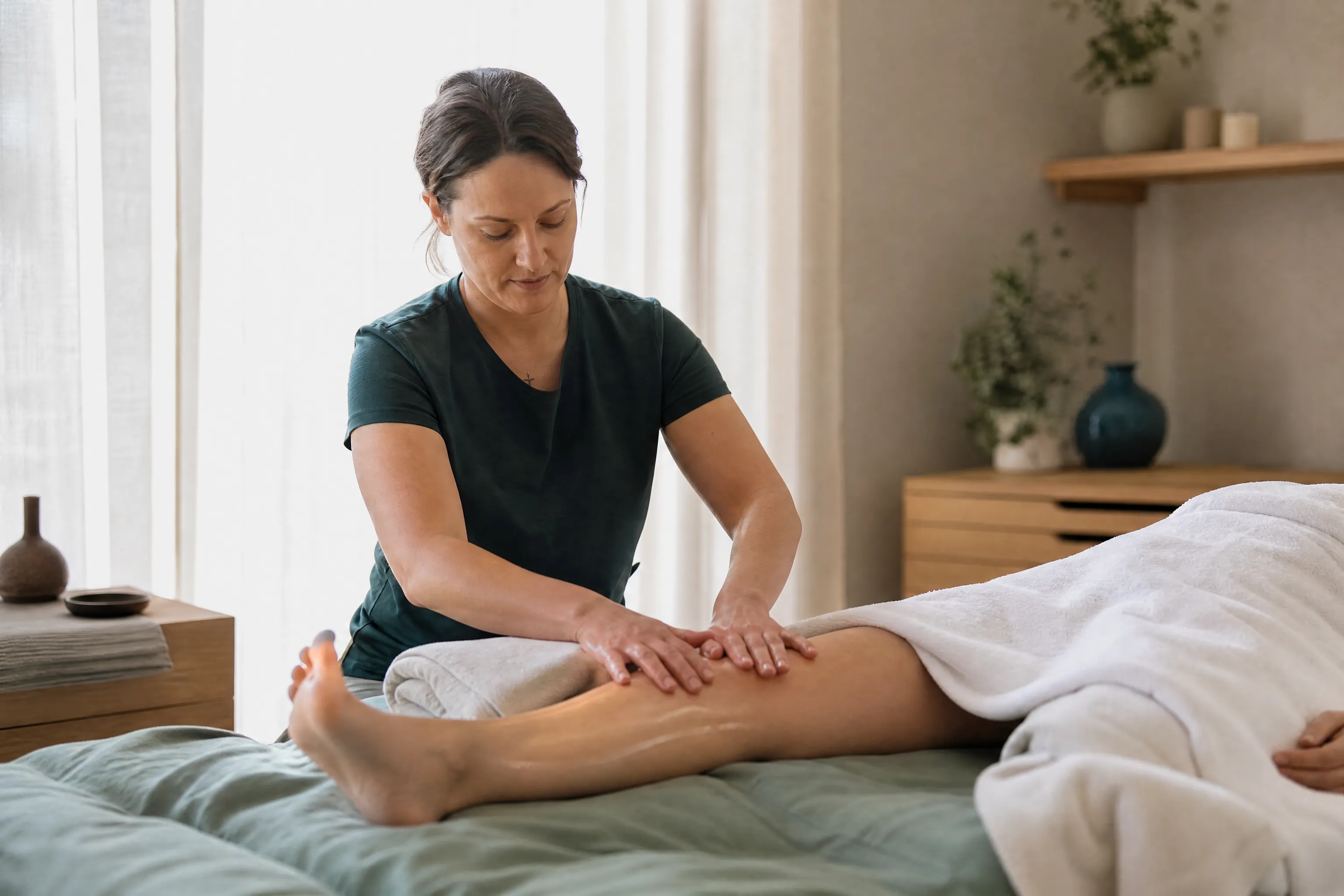 Therapeutin behandelt eine Patientin in einem ruhigen, hellen Raum